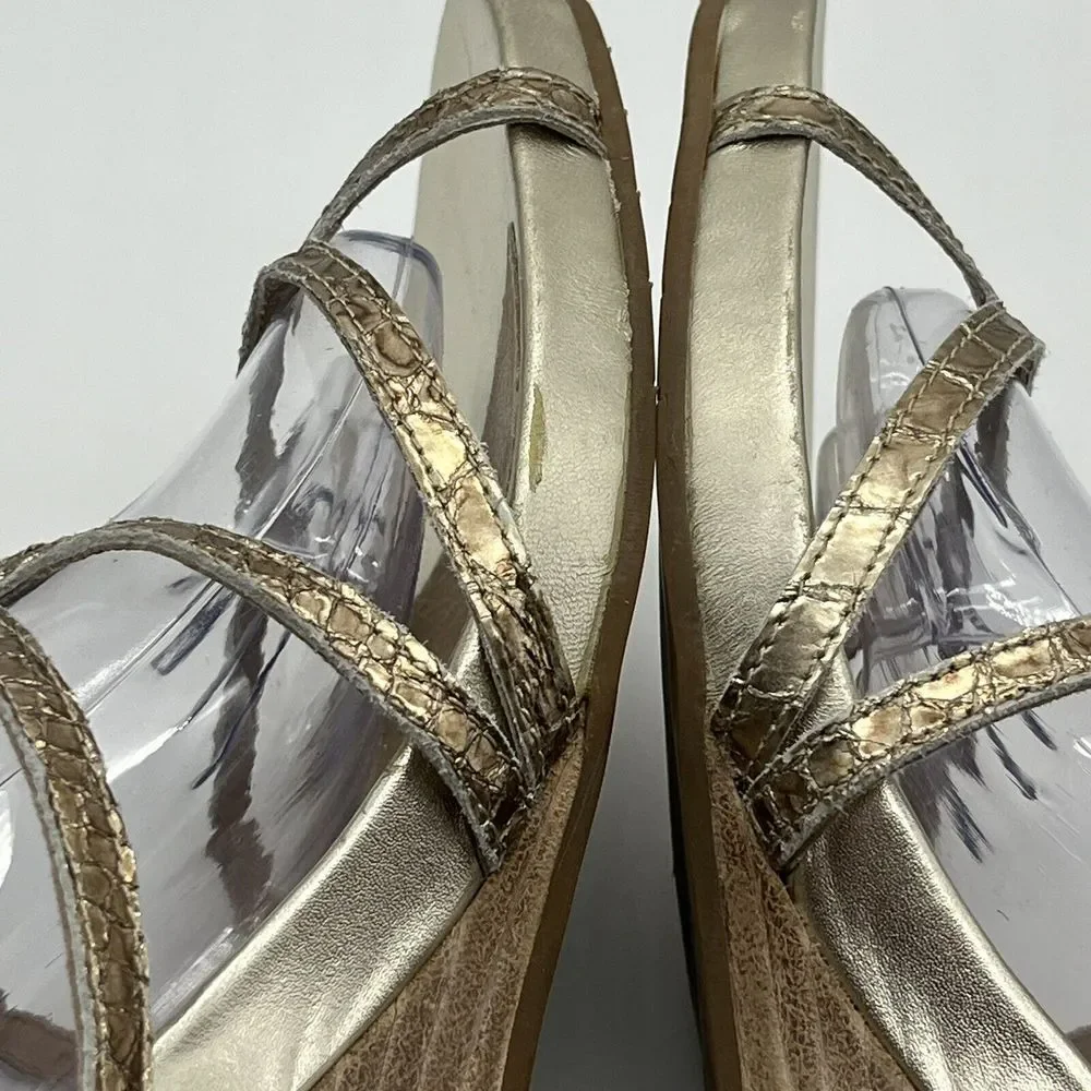 Eileen Fisher Women's 9.5 Gold Strappy Platform Wedge Shoes Sandals‎ Back Zip
